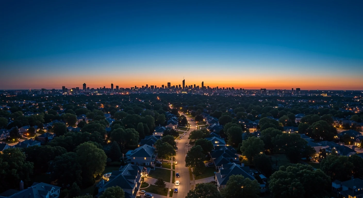 Aerial twilight over a Chicagoland neighborhood