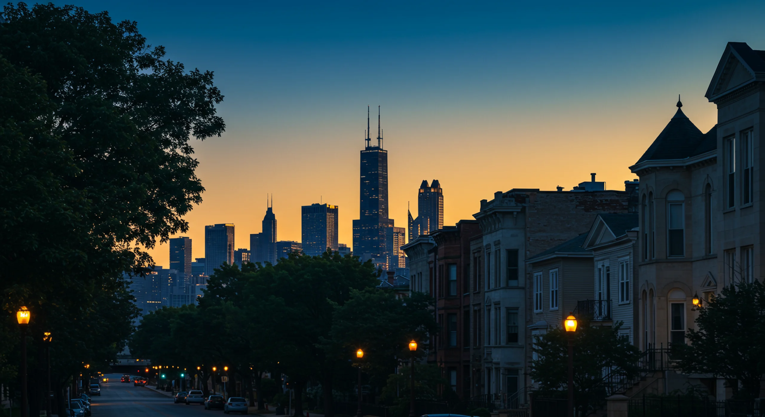 Chicago greystones with the downtown skyline beyond