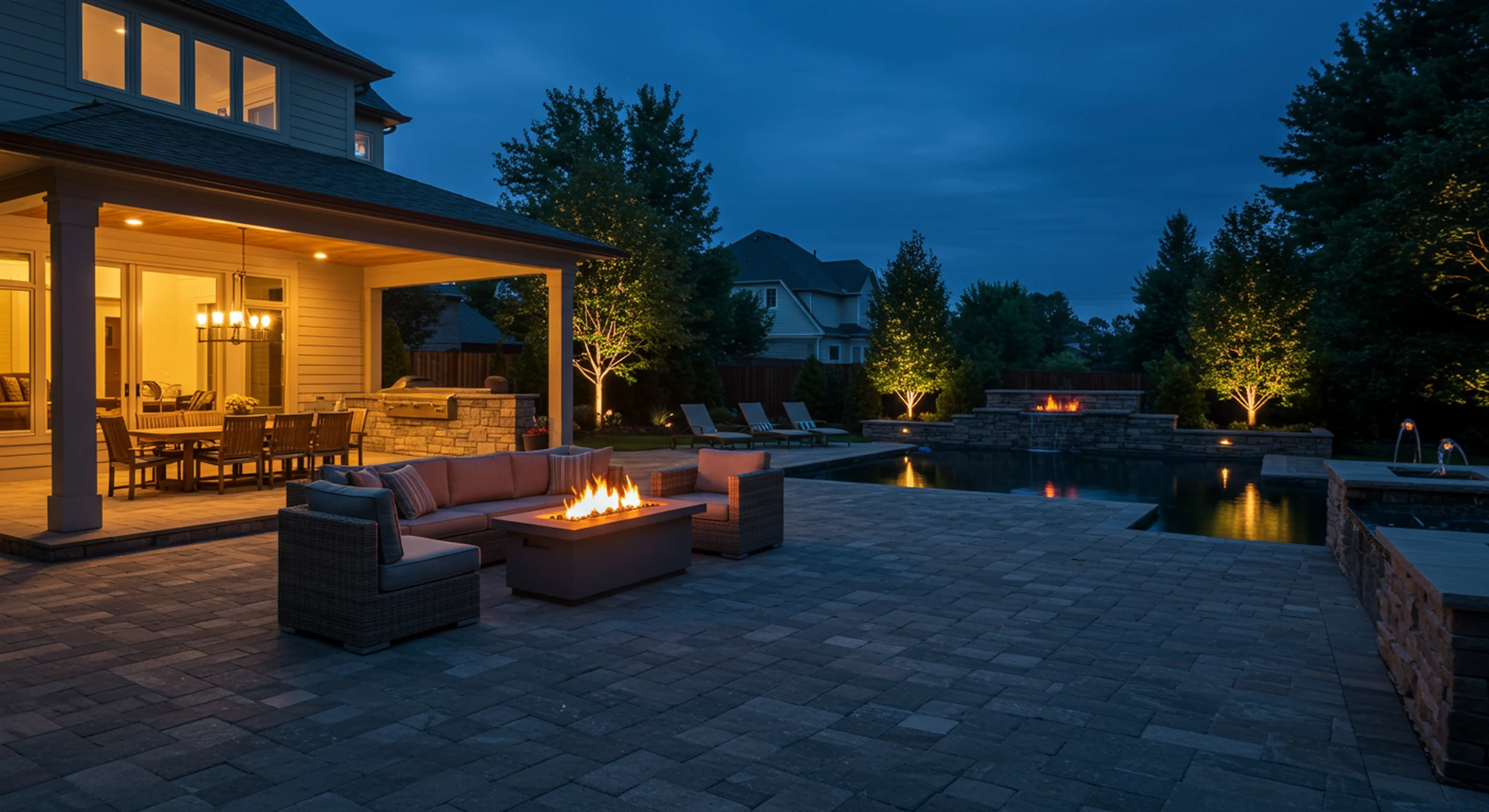 Luxury backyard at dusk with a patio and stone fire pit