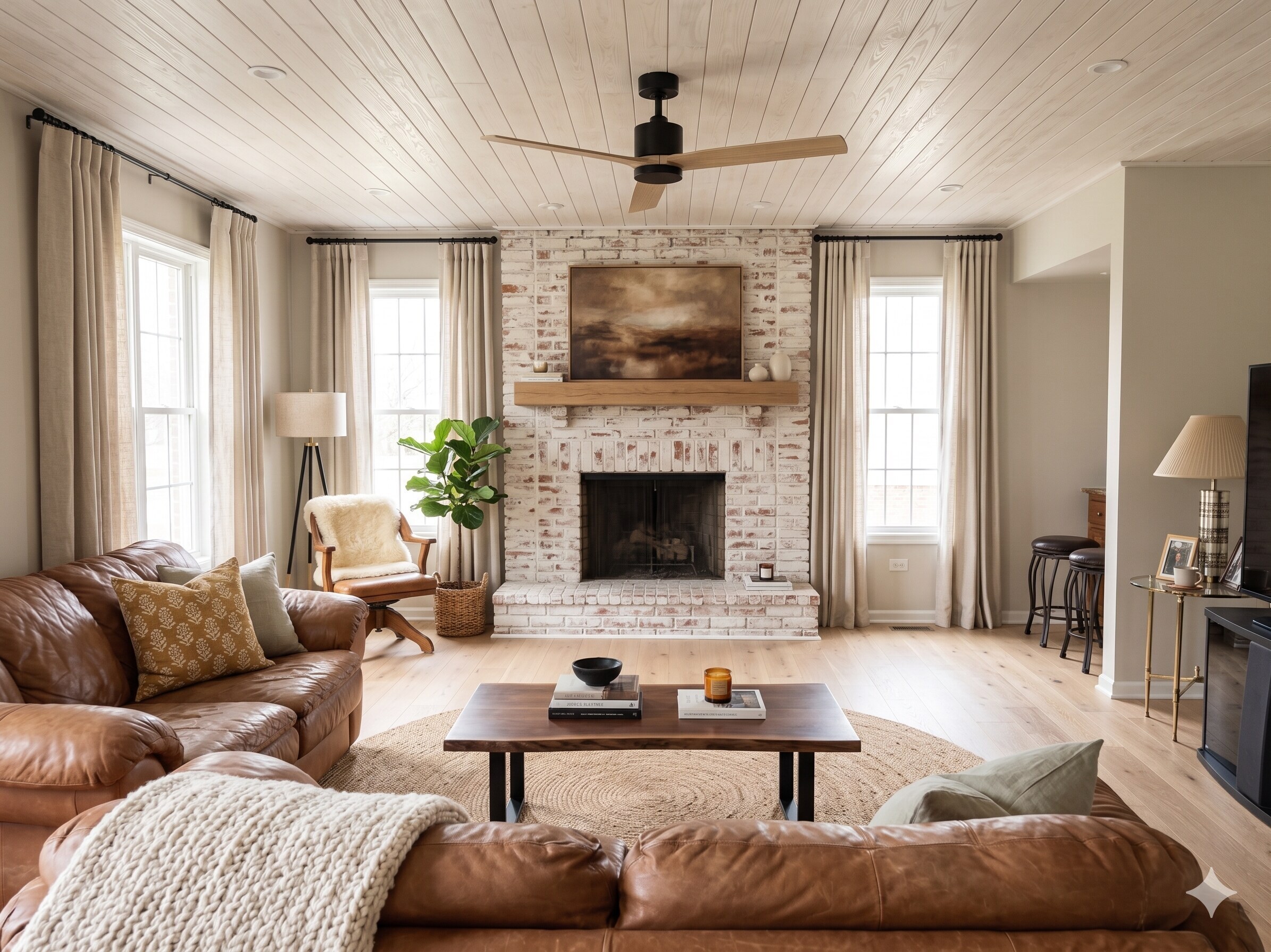 8936 Charrington Drive family room - cathedral ceiling and original brick fireplace
